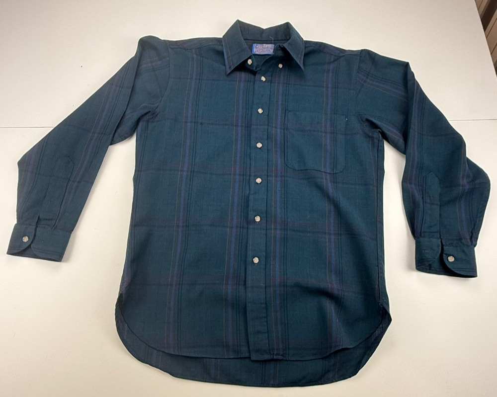 Vintage Sir Pendleton Mens M Green Plaid 100% Virgin Wool Shirt USA Made FLAW